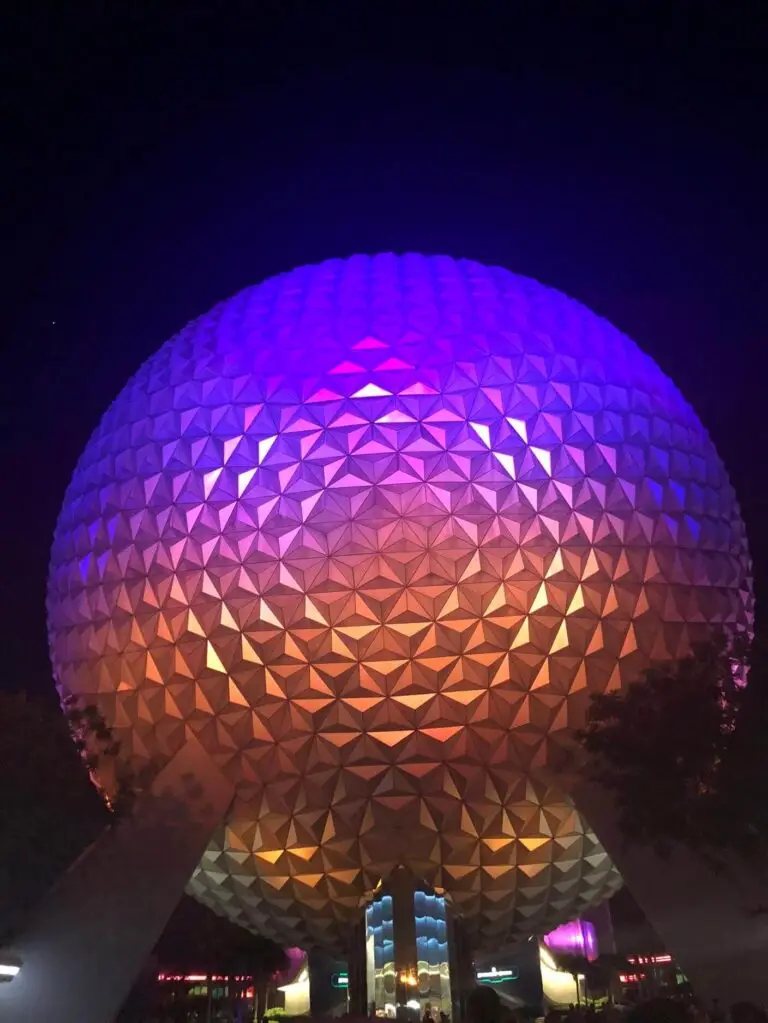 Spaceship Earth lights up at night
