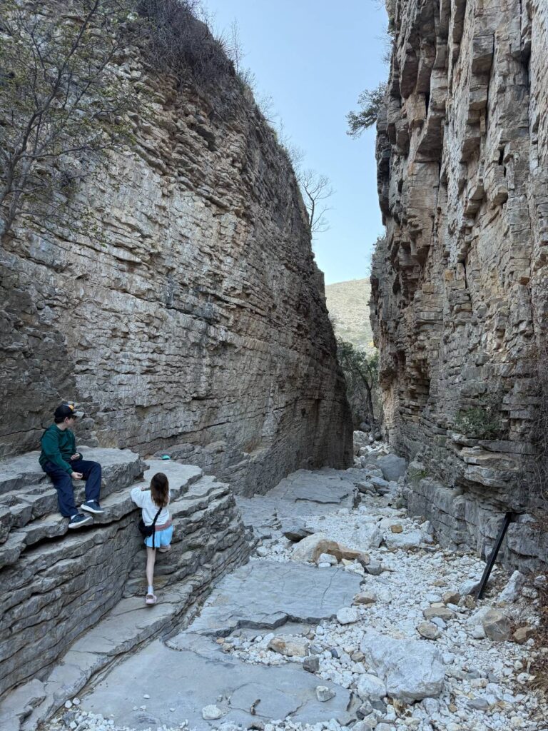 The Devil's Hall is a high-walled canyon area. Turn around go back the way you cam after you see it.