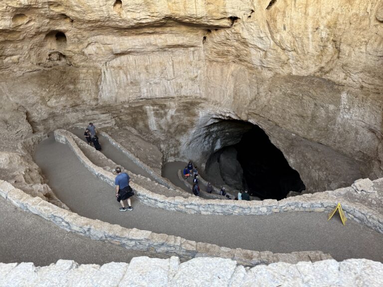 The natural entrance has switchback to keep the trail from being too steep, but it is a constant decline and not suitable for wheelchairs or strollers.