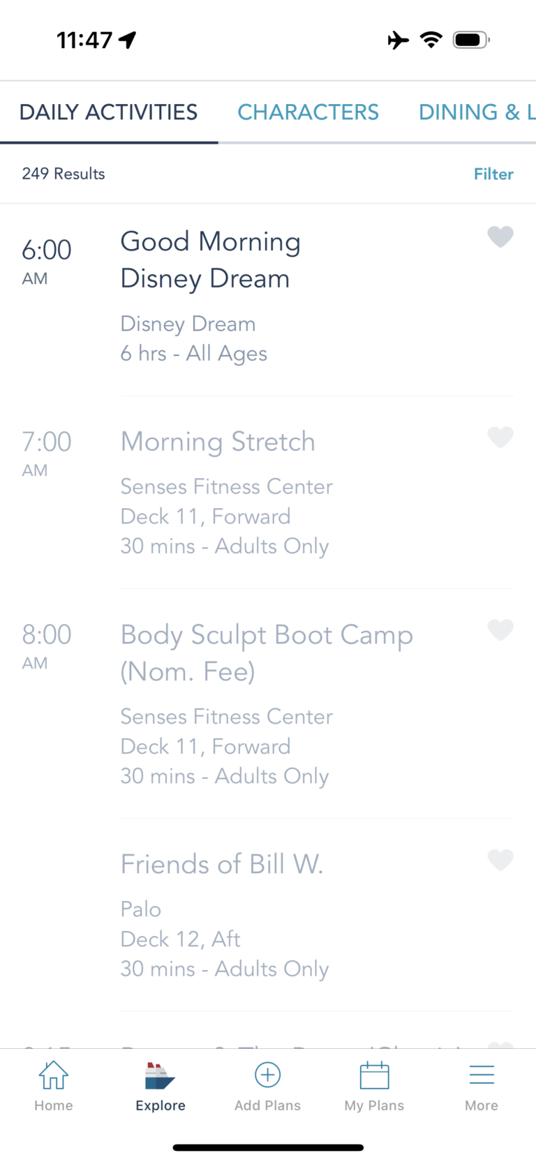 Examples of daily activities on Disney Cruise Line