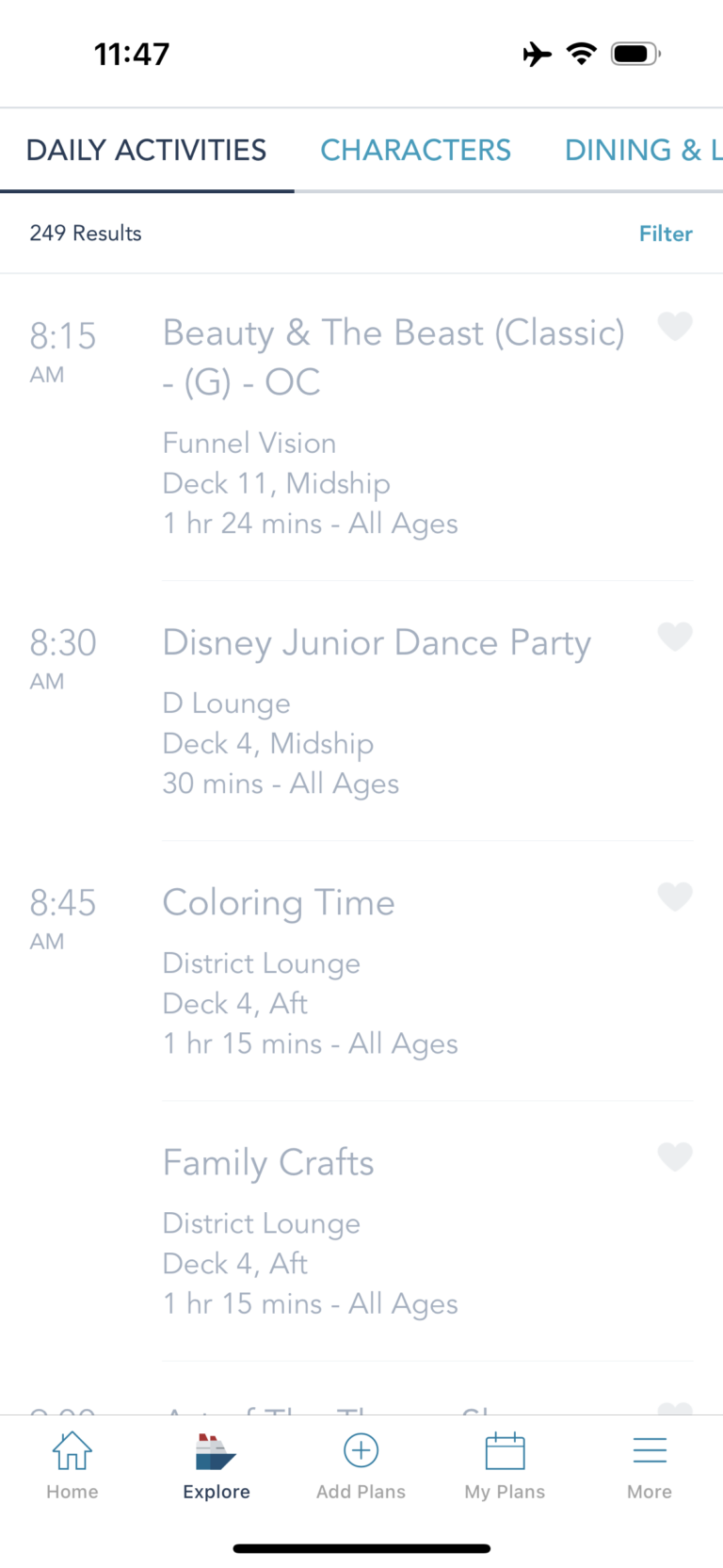 Examples of daily activities on Disney Cruise Line
