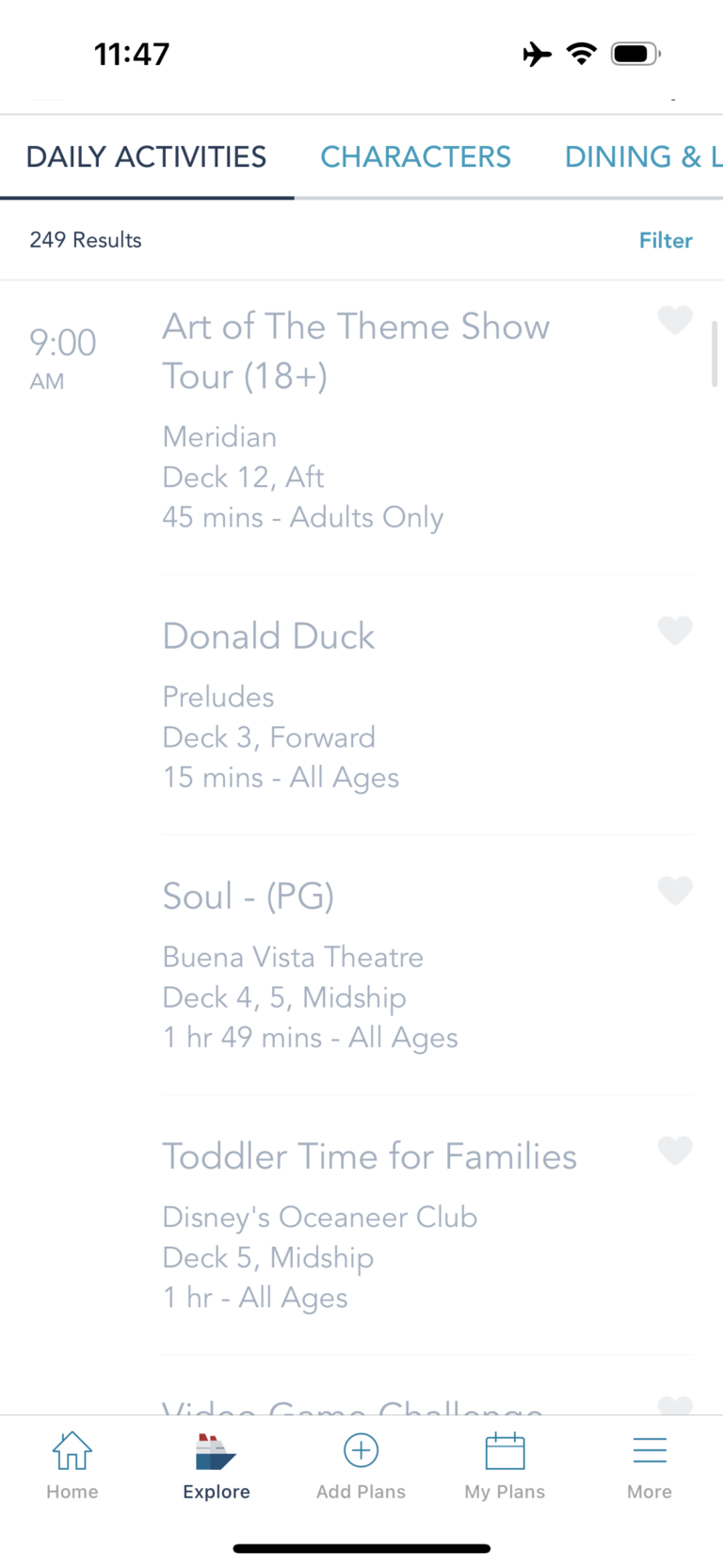 Examples of daily activities on Disney Cruise Line