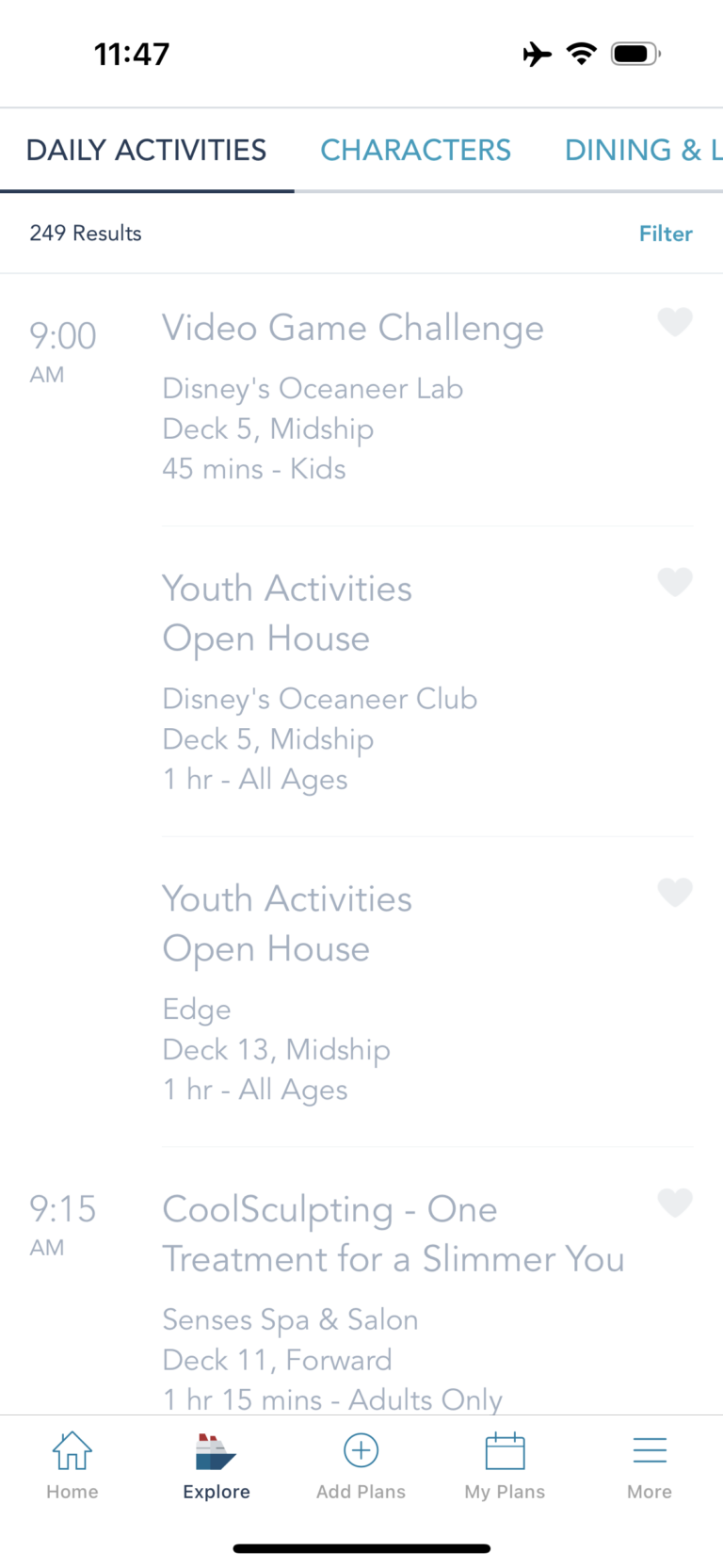 Examples of daily activities on Disney Cruise Line