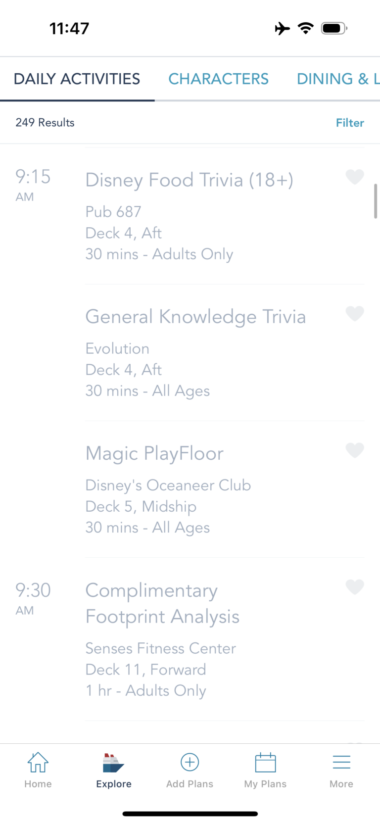 Examples of daily activities on Disney Cruise Line