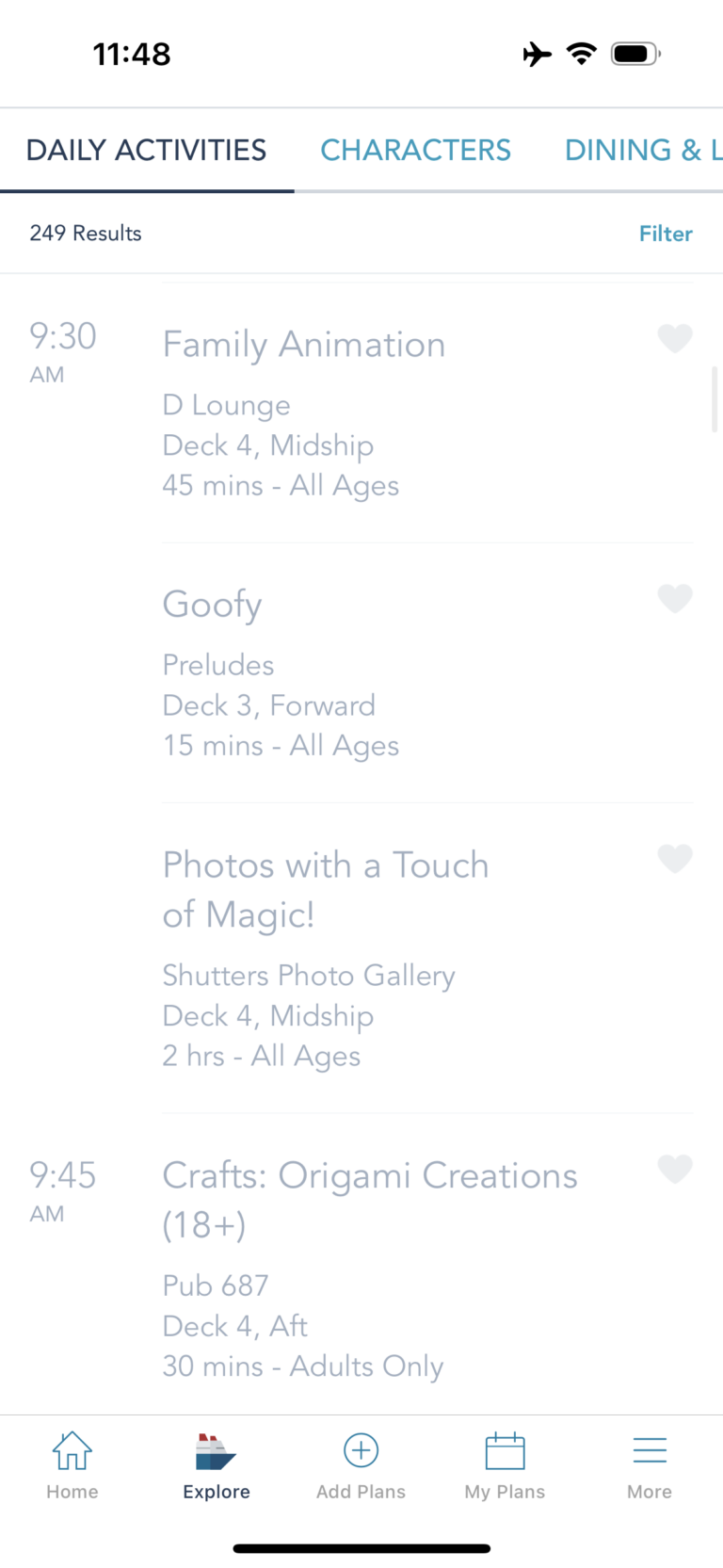 Examples of daily activities on Disney Cruise Line