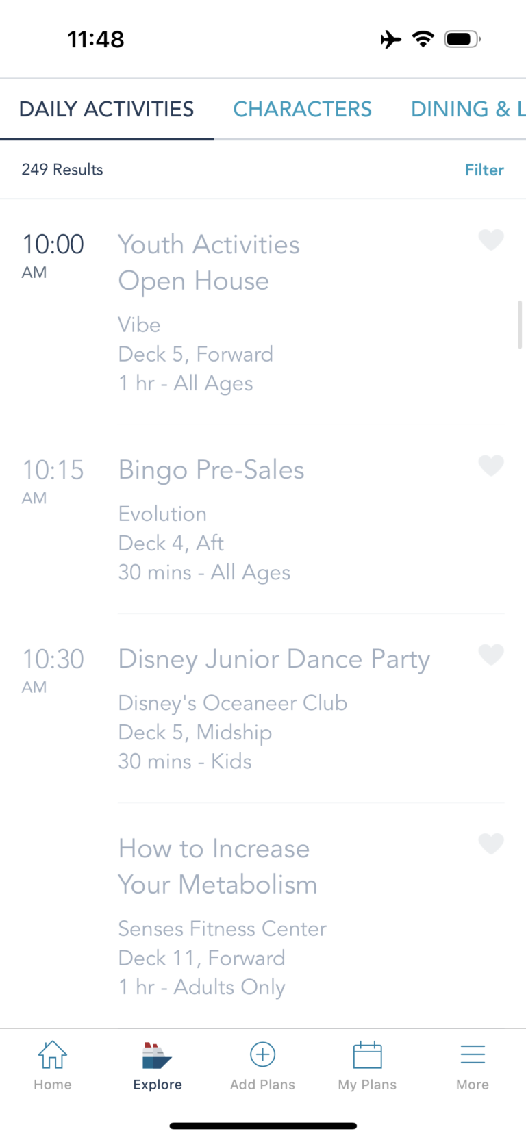 Examples of daily activities on Disney Cruise Line