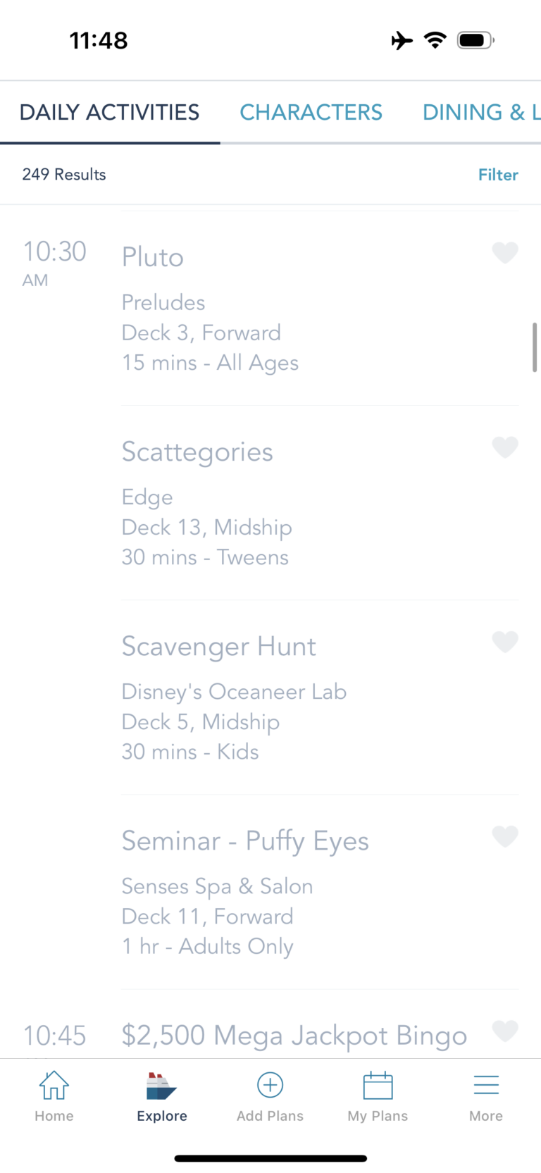 Examples of daily activities on Disney Cruise Line