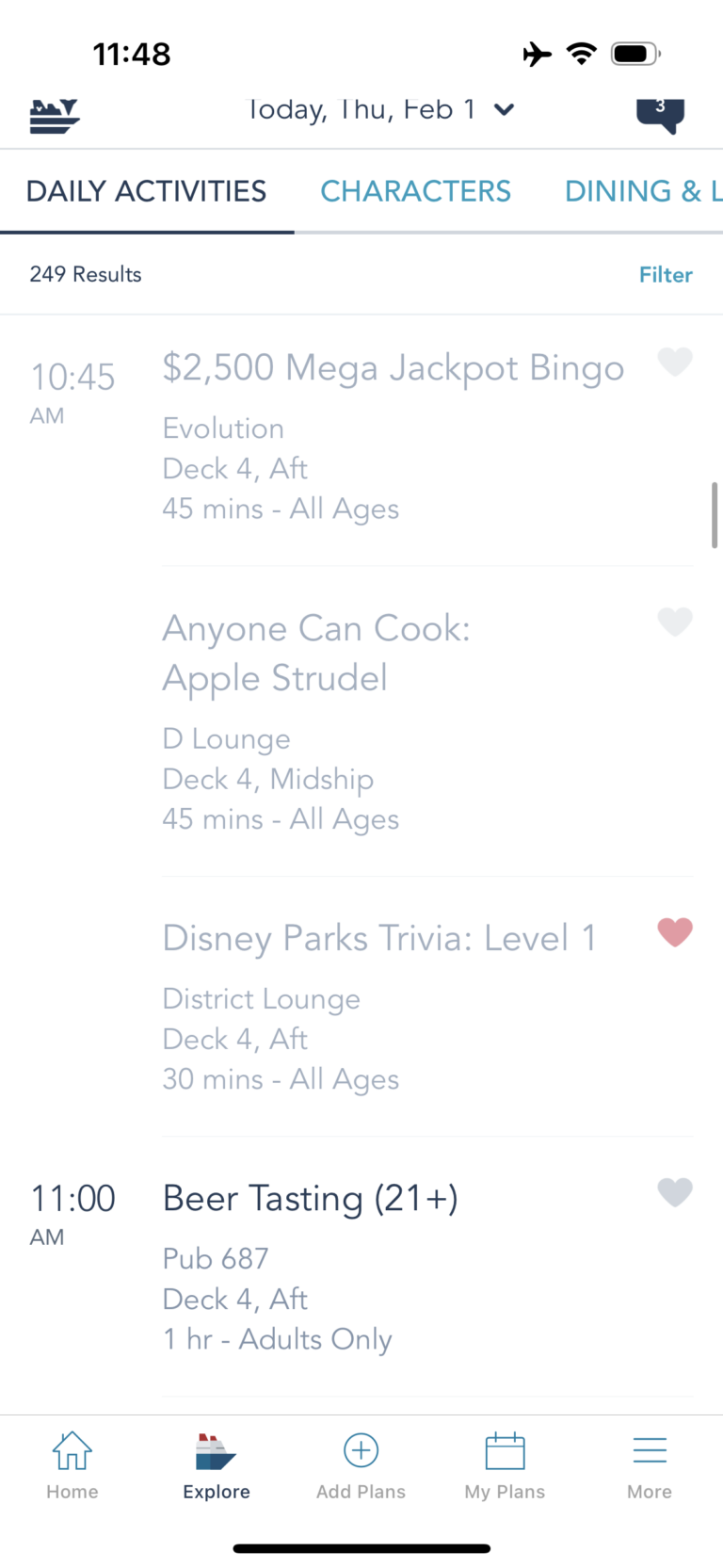 Examples of daily activities on Disney Cruise Line