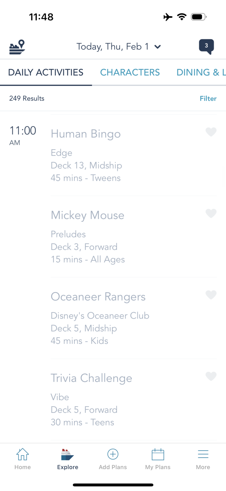 Examples of daily activities on Disney Cruise Line