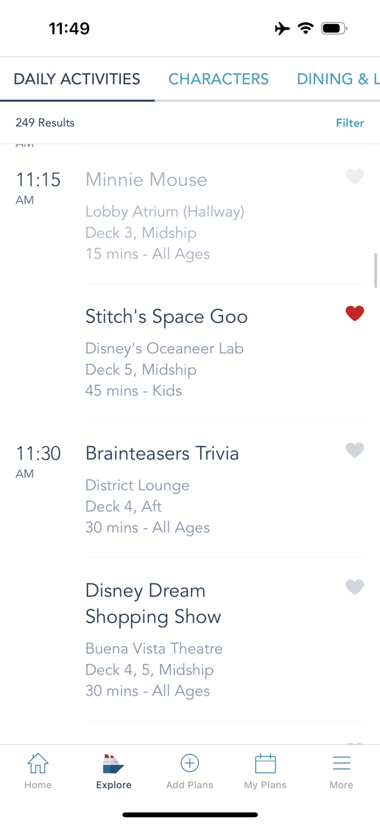 Examples of daily activities on Disney Cruise Line