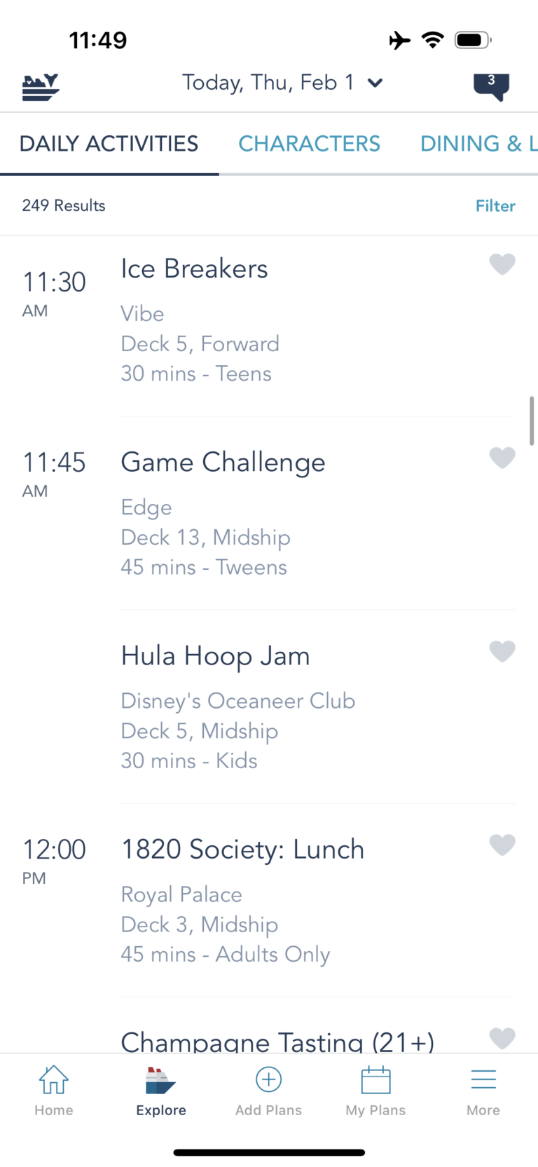 Examples of daily activities on Disney Cruise Line