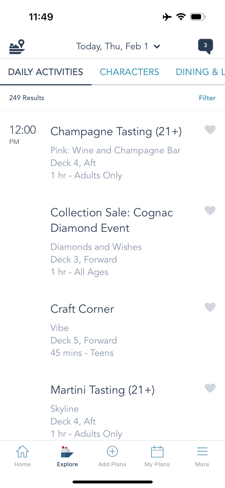 Examples of daily activities on Disney Cruise Line