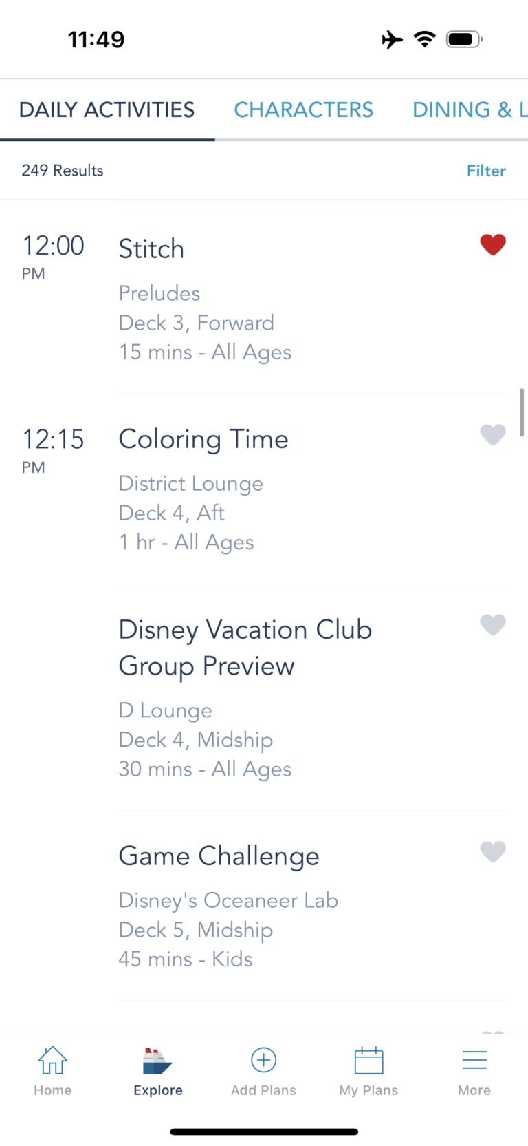Examples of daily activities on Disney Cruise Line