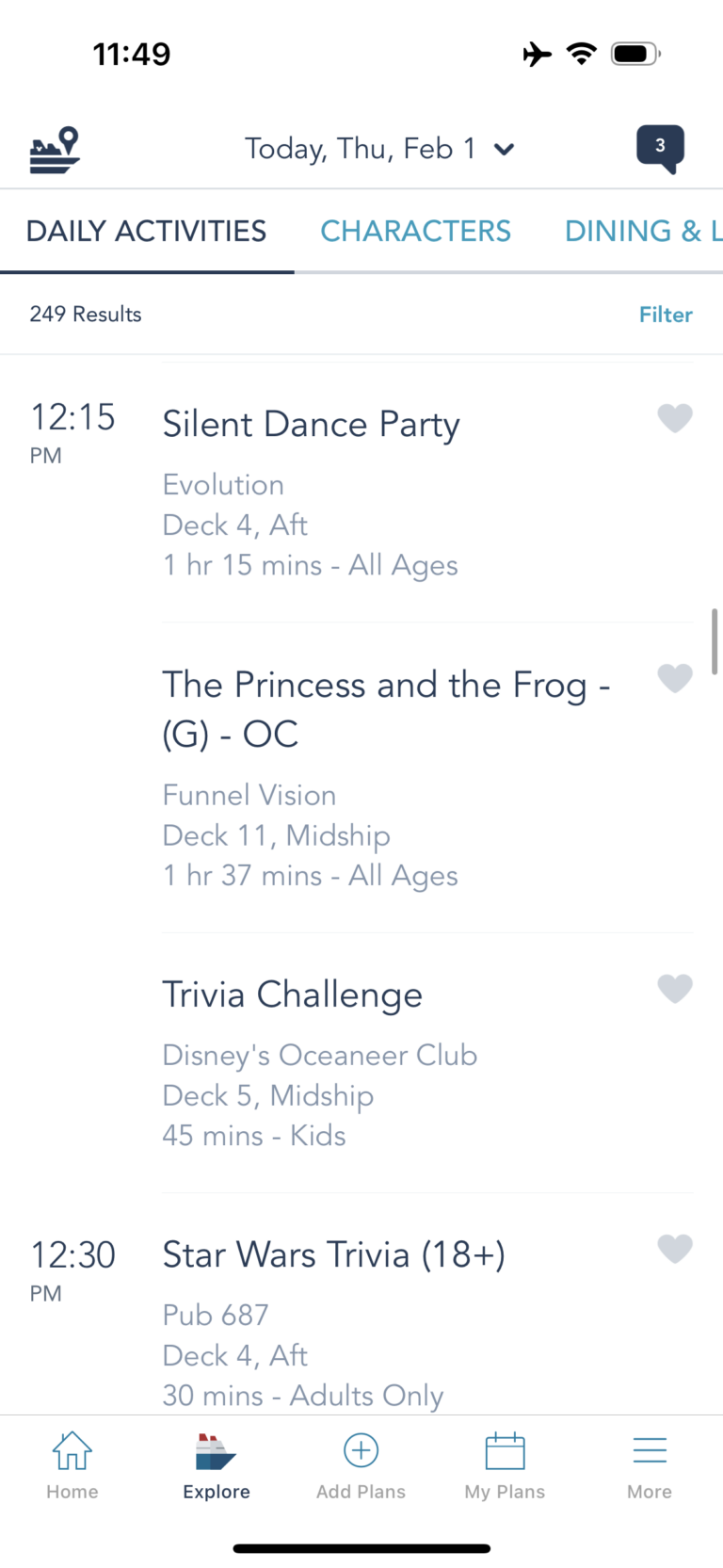 Examples of daily activities on Disney Cruise Line