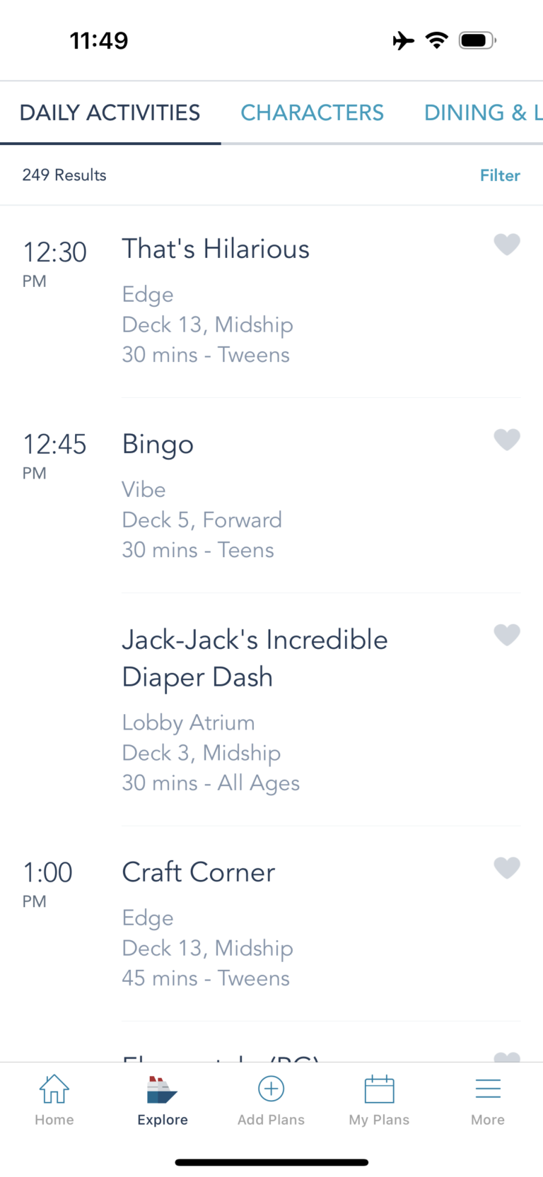 Examples of daily activities on Disney Cruise Line