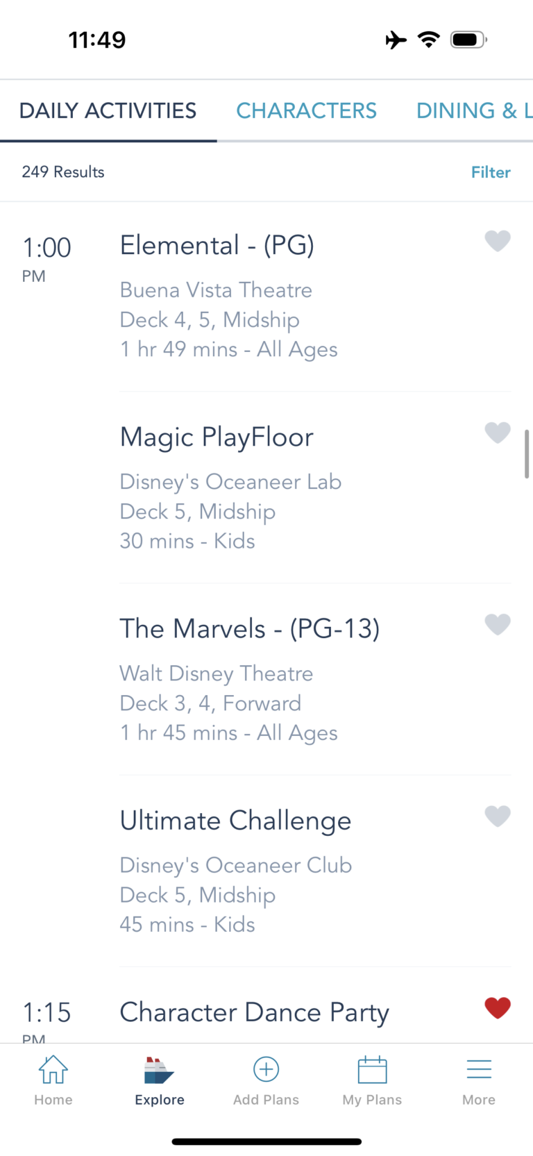 Examples of daily activities on Disney Cruise Line