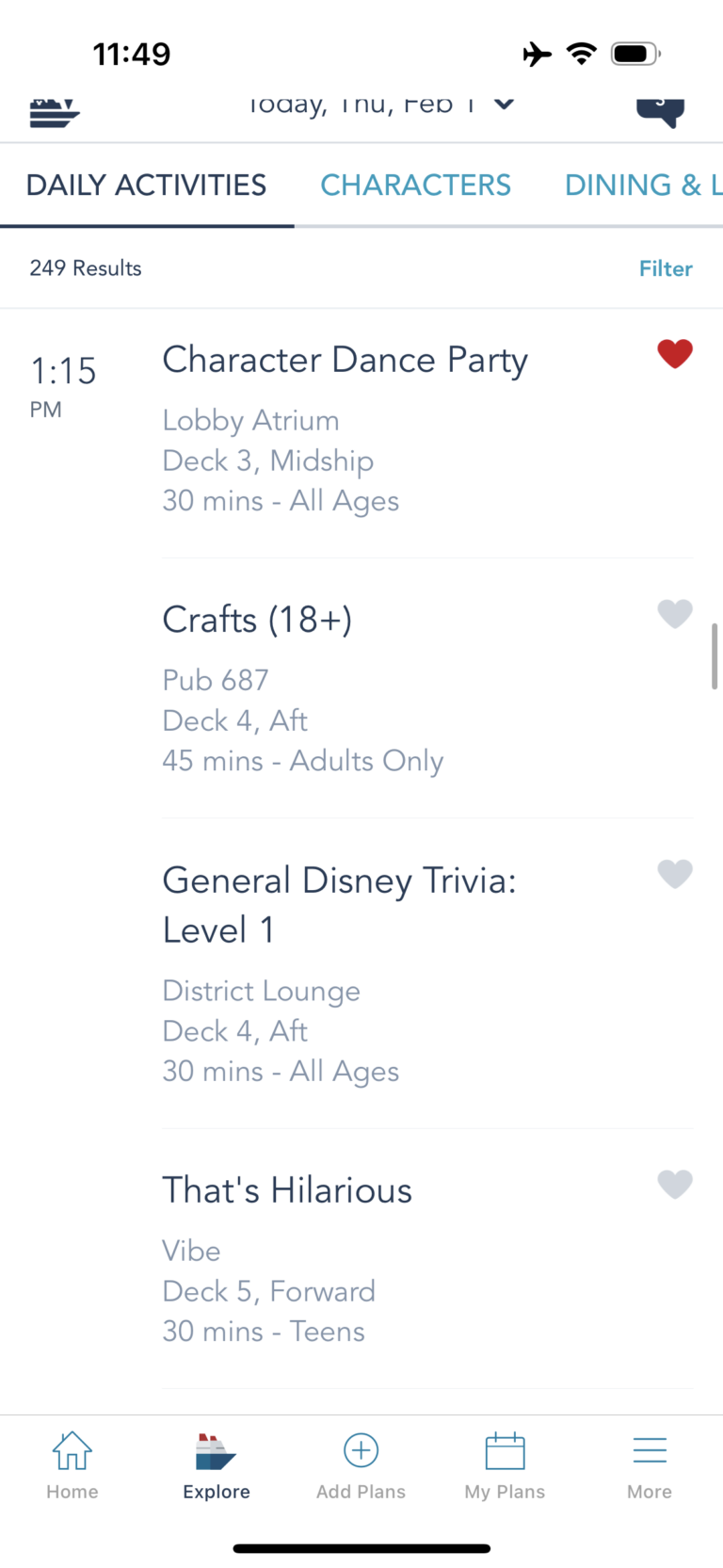 Examples of daily activities on Disney Cruise Line