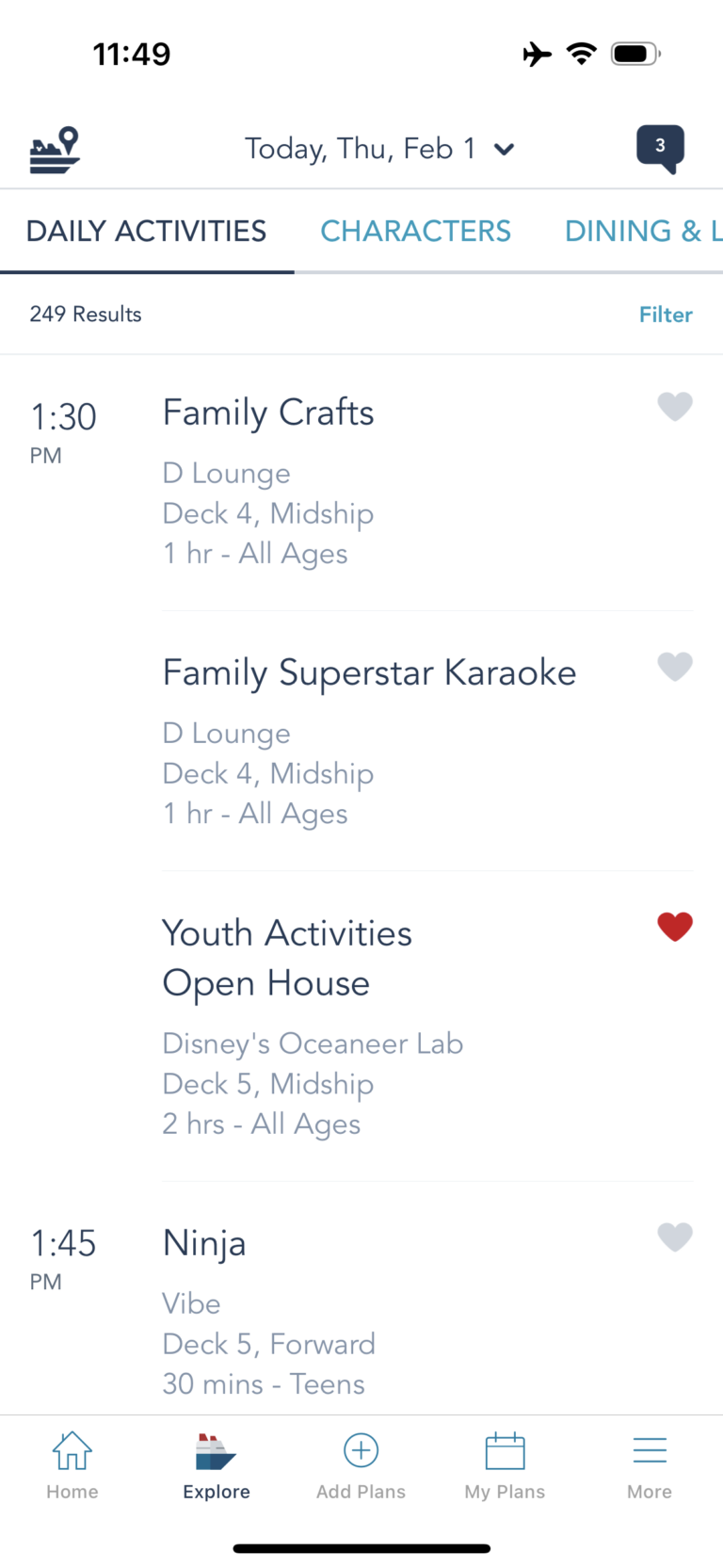 Examples of daily activities on Disney Cruise Line