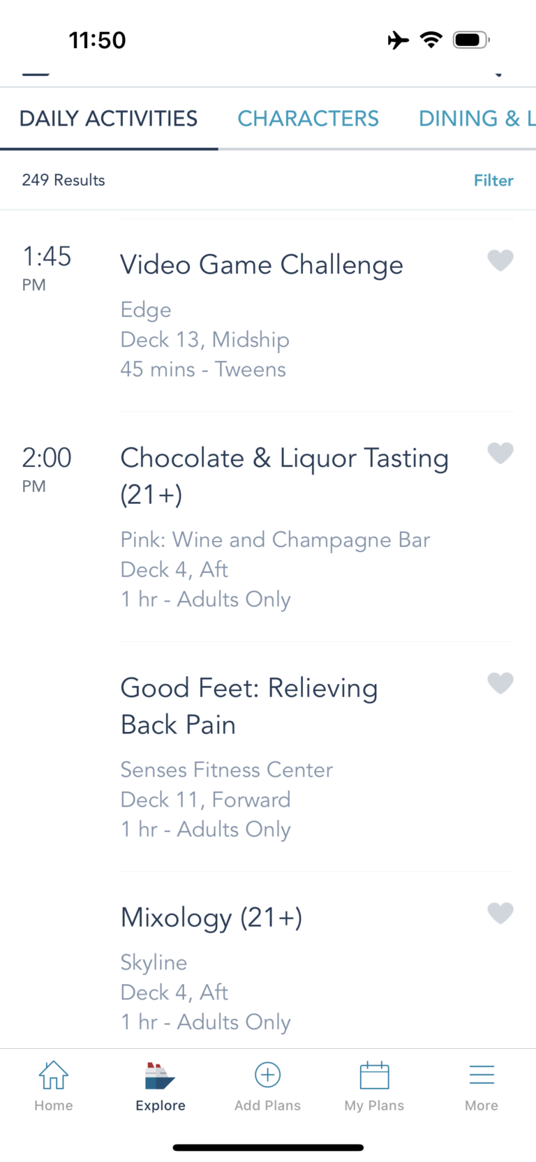 Examples of daily activities on Disney Cruise Line