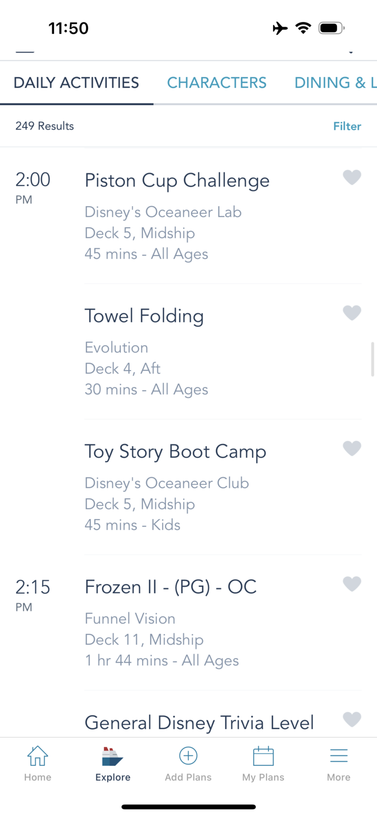 Examples of daily activities on Disney Cruise Line