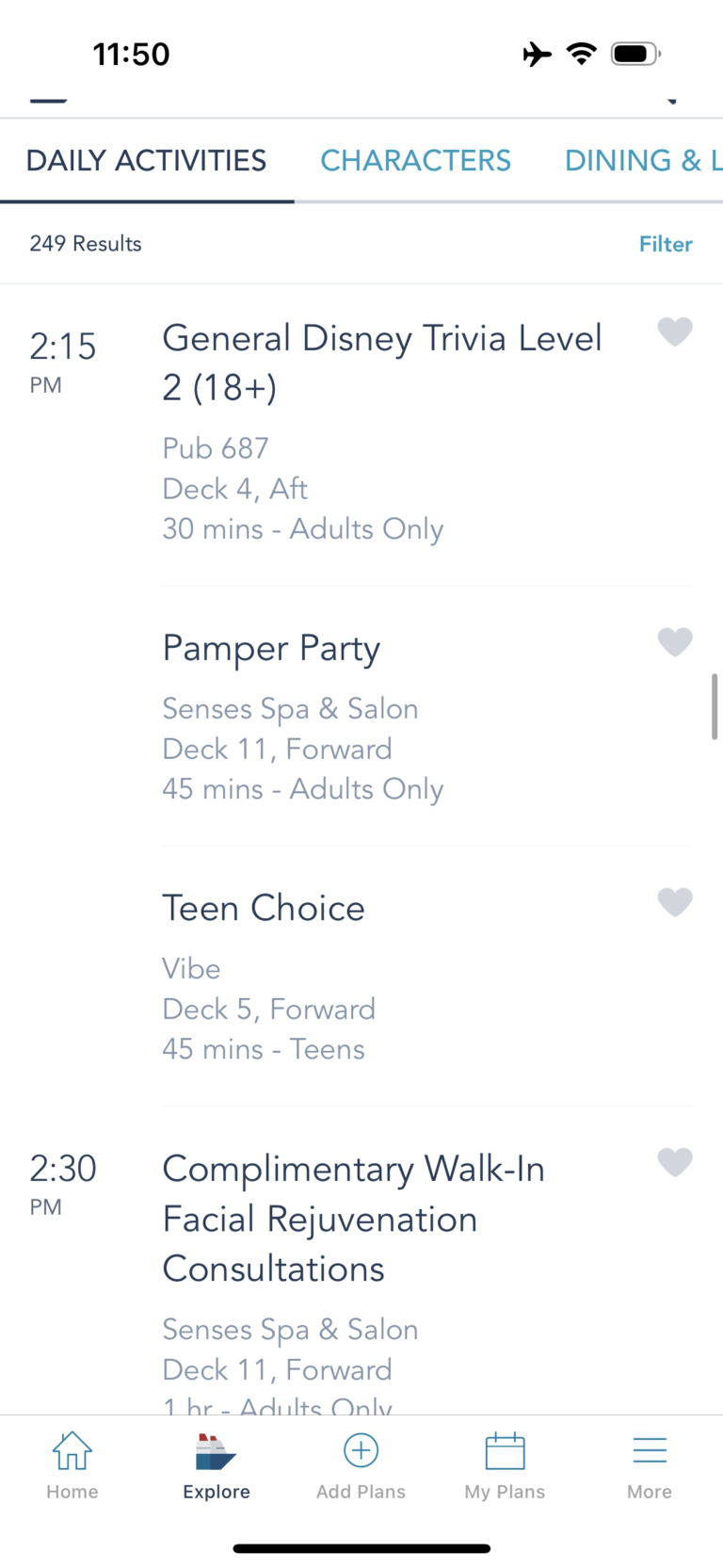Examples of daily activities on Disney Cruise Line