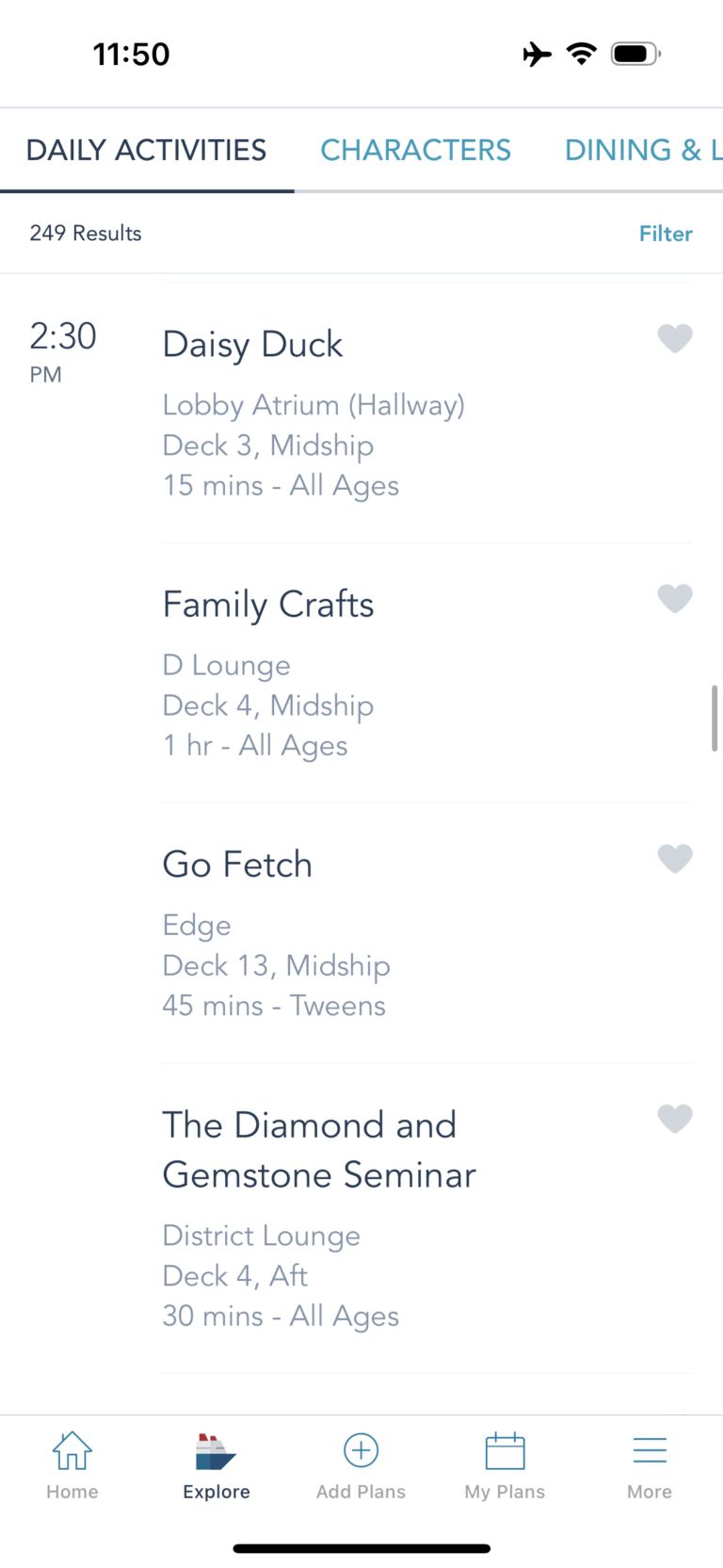 Examples of daily activities on Disney Cruise Line