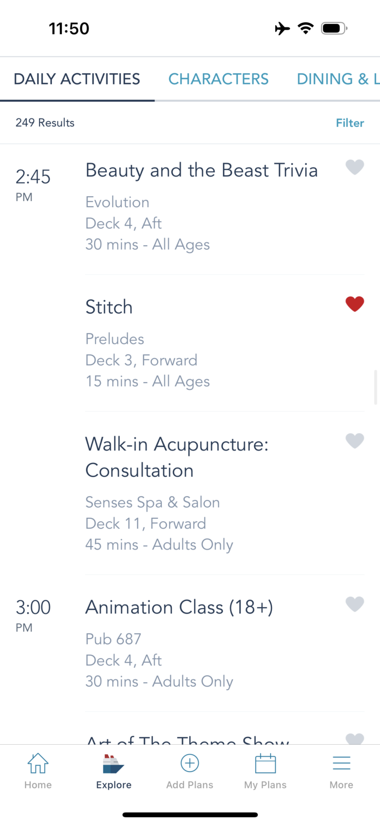 Examples of daily activities on Disney Cruise Line