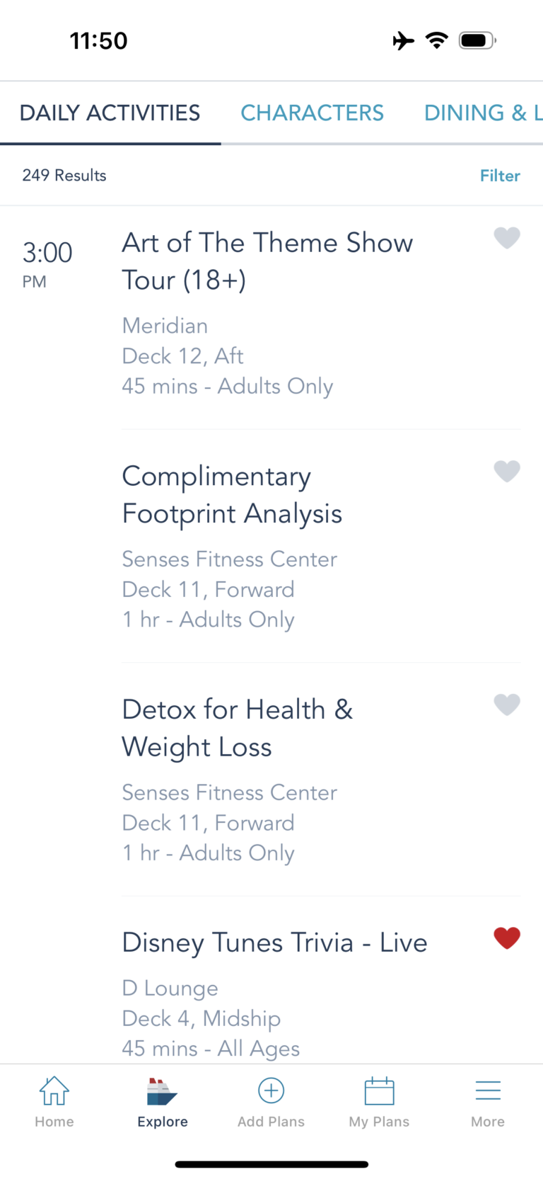 Examples of daily activities on Disney Cruise Line