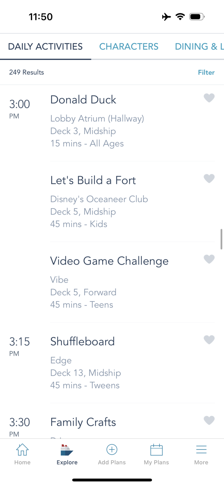 Examples of daily activities on Disney Cruise Line
