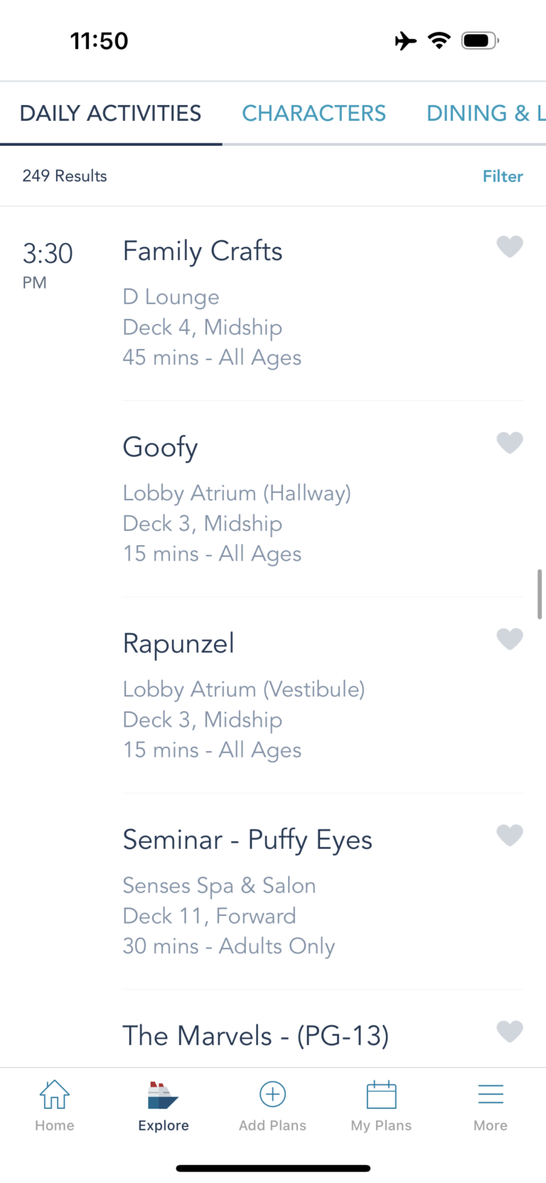 Examples of daily activities on Disney Cruise Line