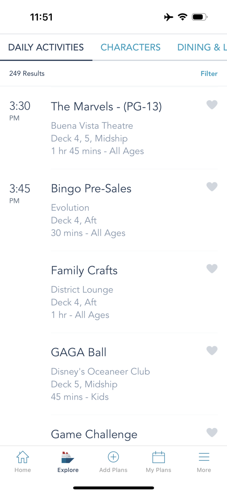 Examples of daily activities on Disney Cruise Line
