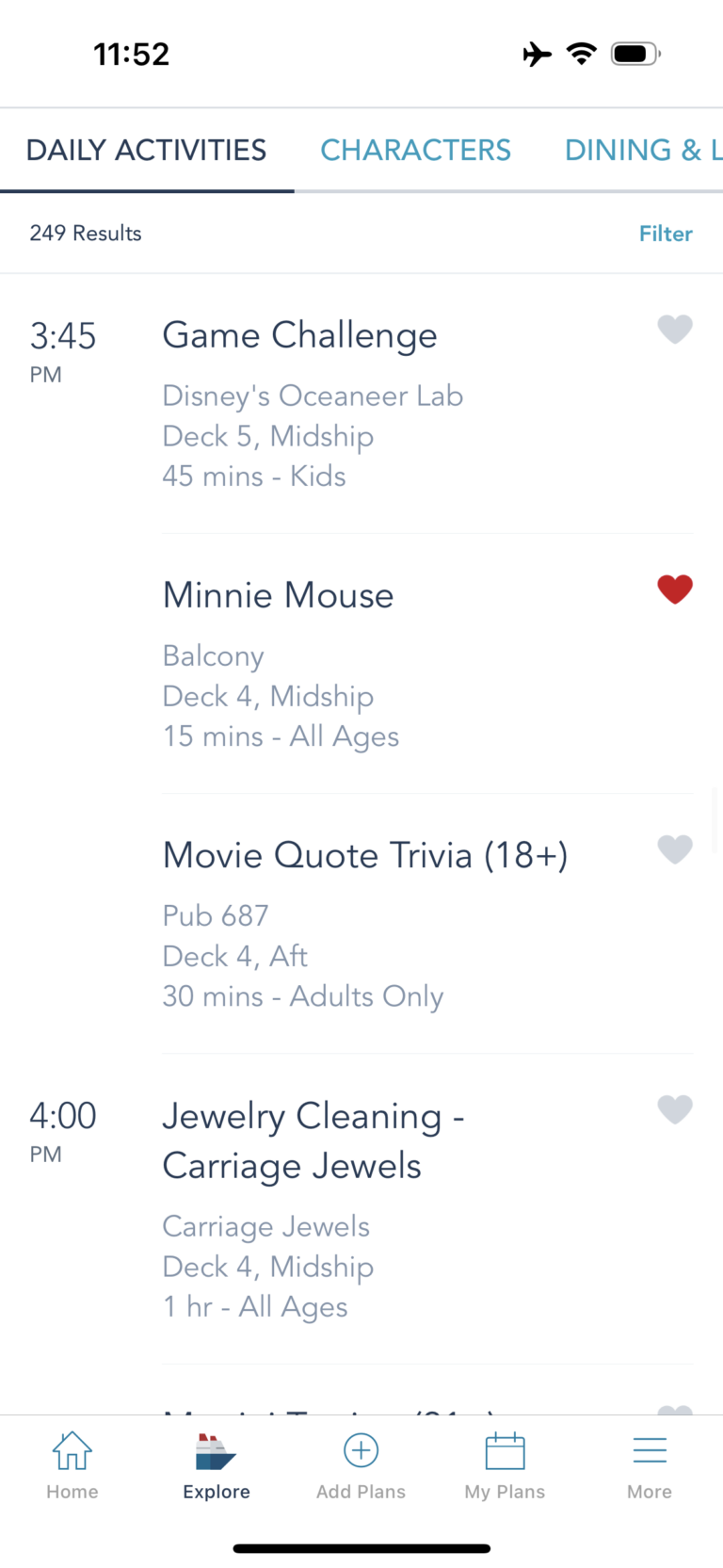 Examples of daily activities on Disney Cruise Line
