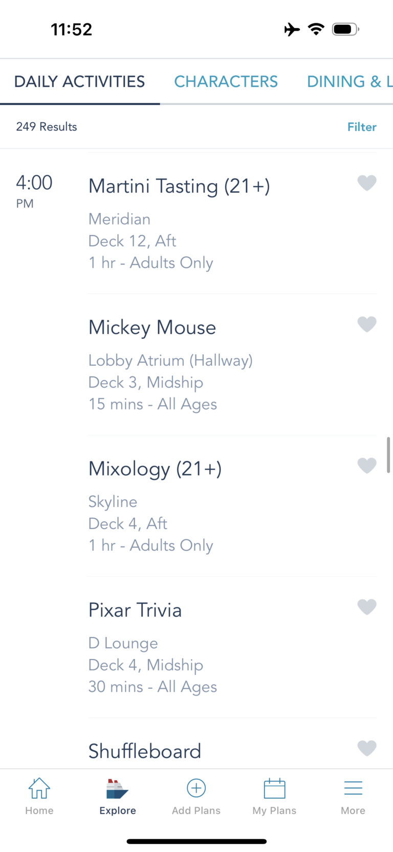 Examples of daily activities on Disney Cruise Line