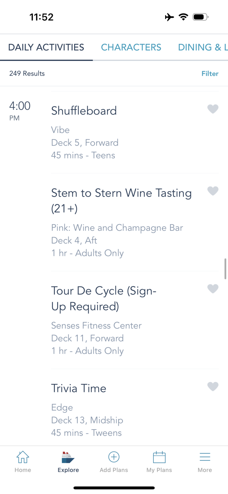 Examples of daily activities on Disney Cruise Line