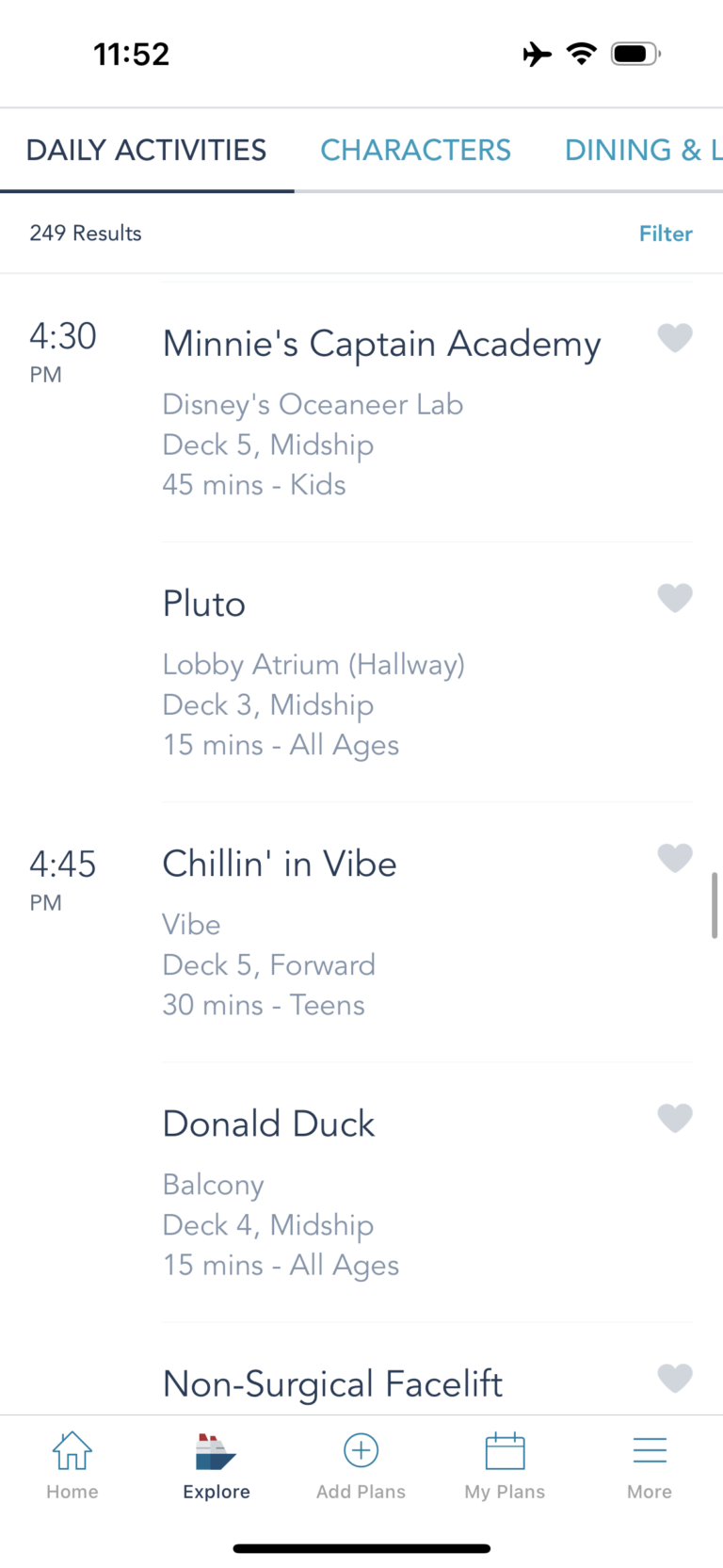 Examples of daily activities on Disney Cruise Line