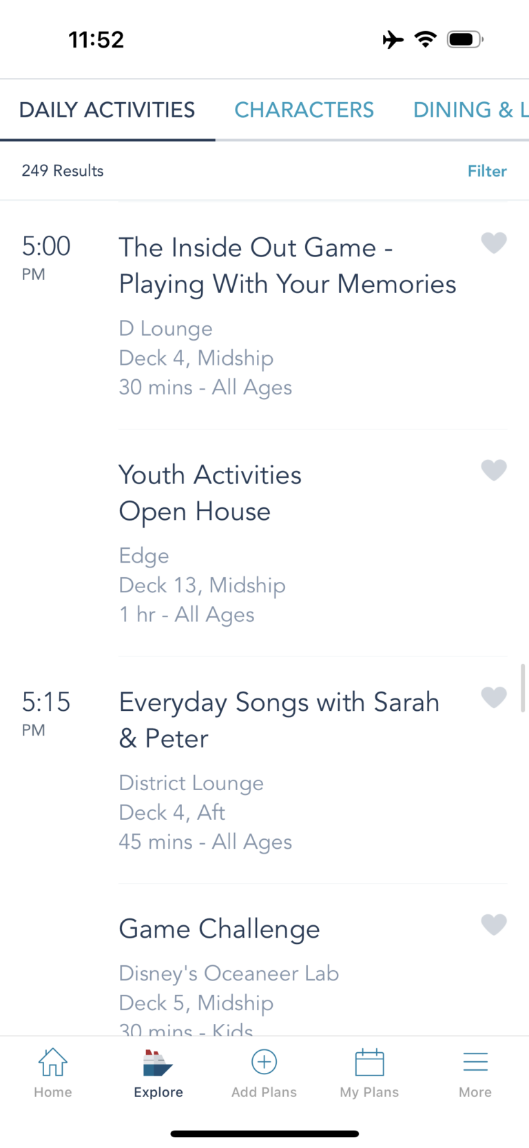 Examples of daily activities on Disney Cruise Line