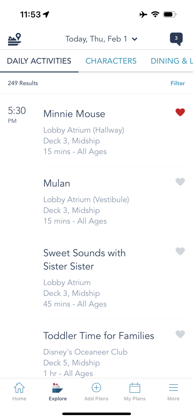 Examples of daily activities on Disney Cruise Line