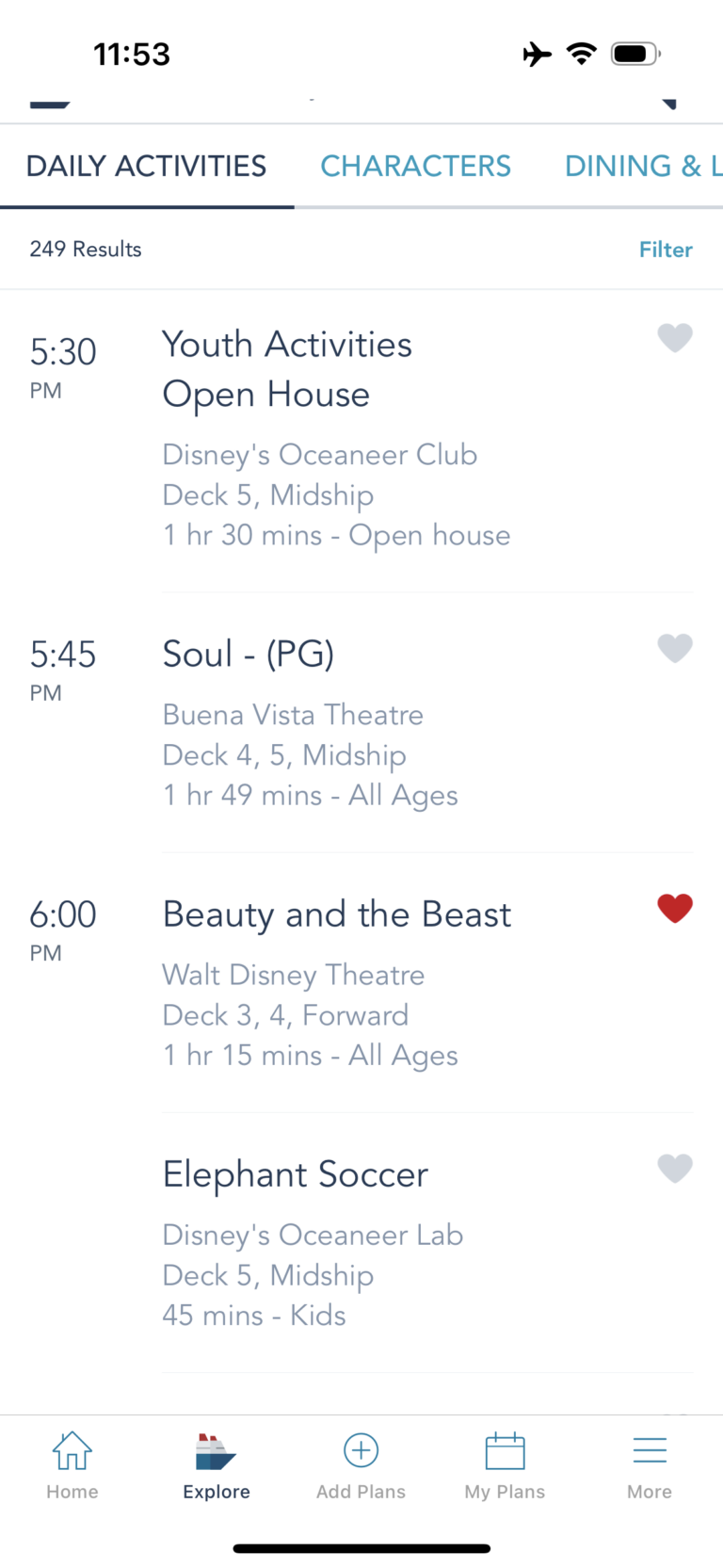 Examples of daily activities on Disney Cruise Line