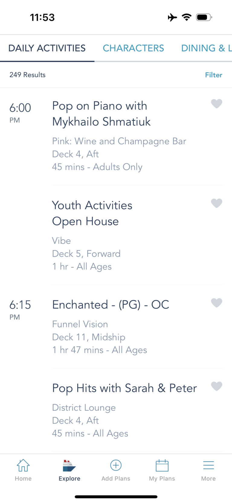 Examples of daily activities on Disney Cruise Line