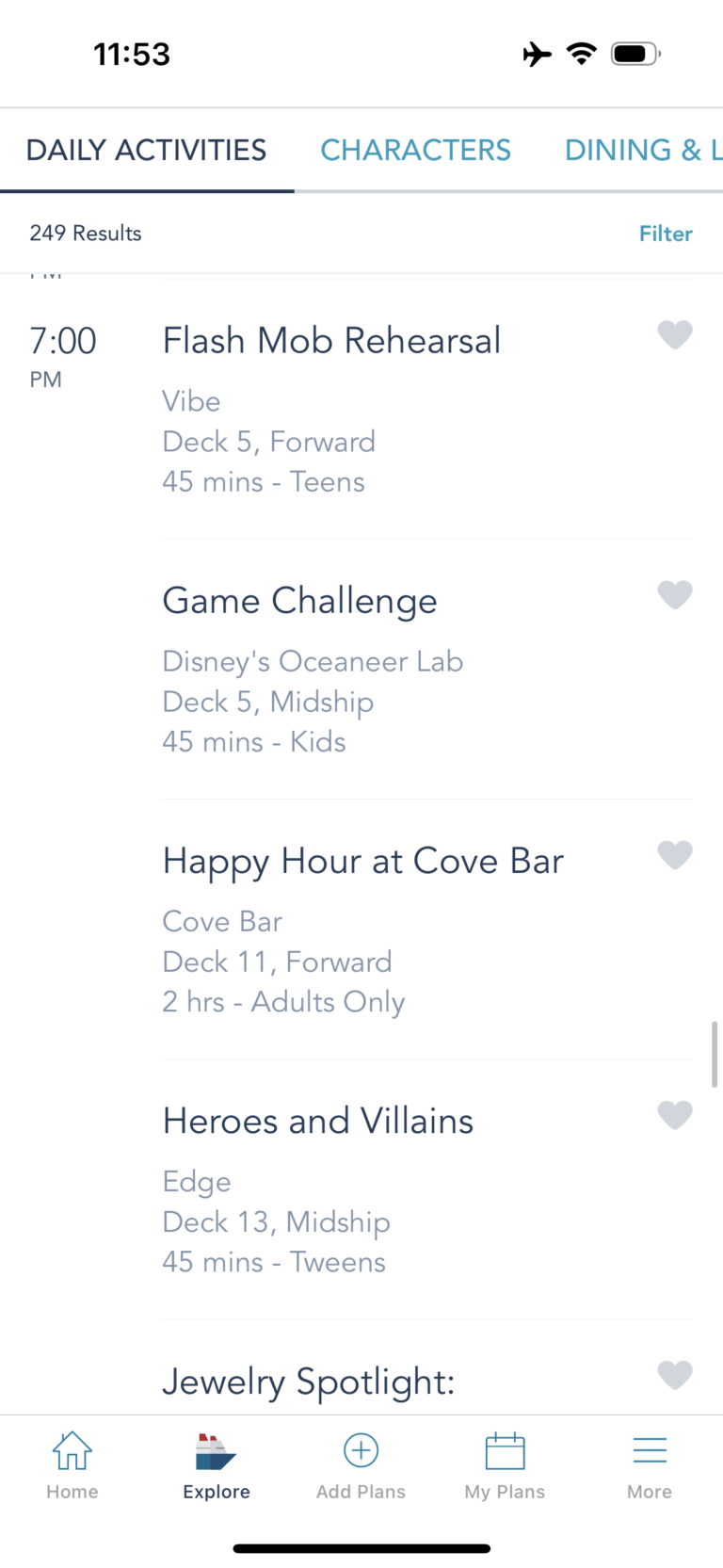 Examples of daily activities on Disney Cruise Line