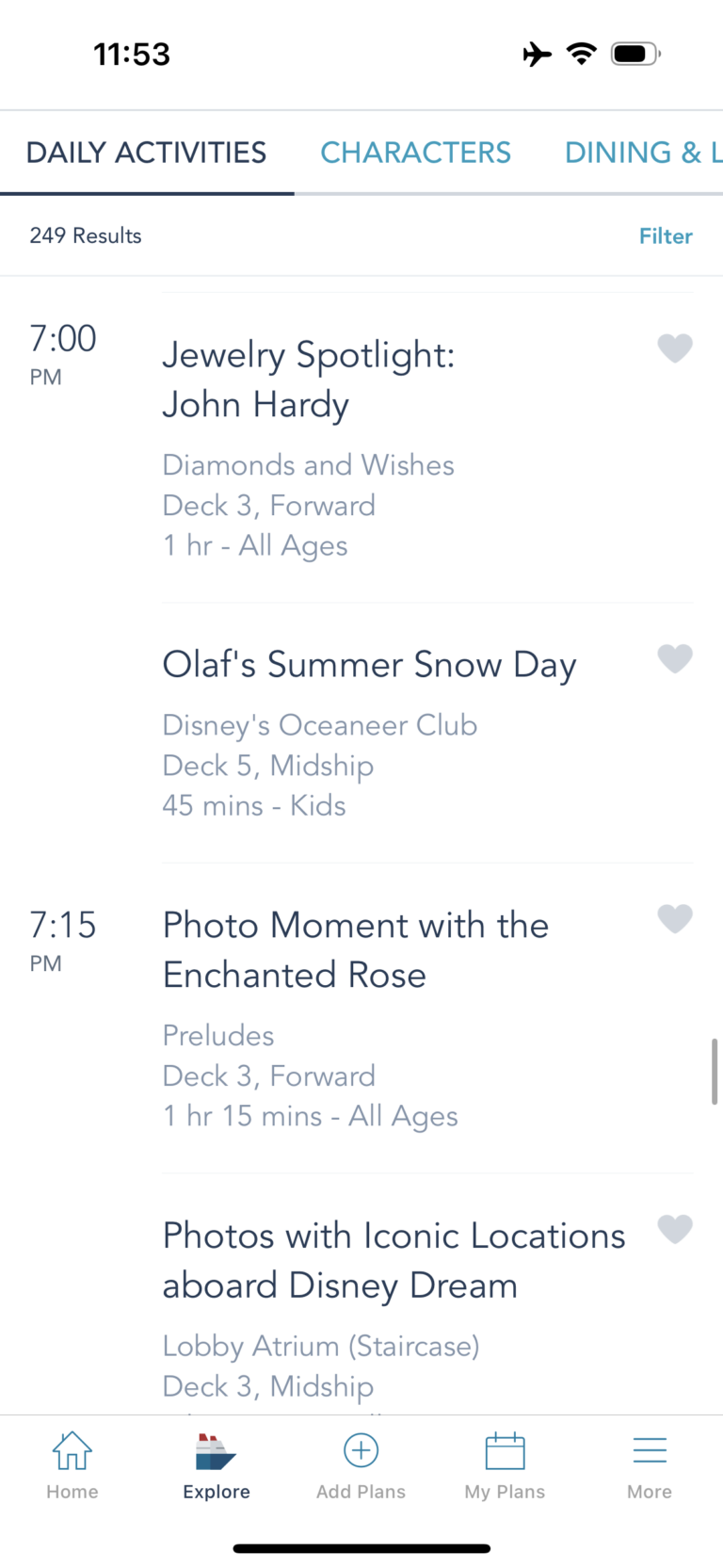 Examples of daily activities on Disney Cruise Line