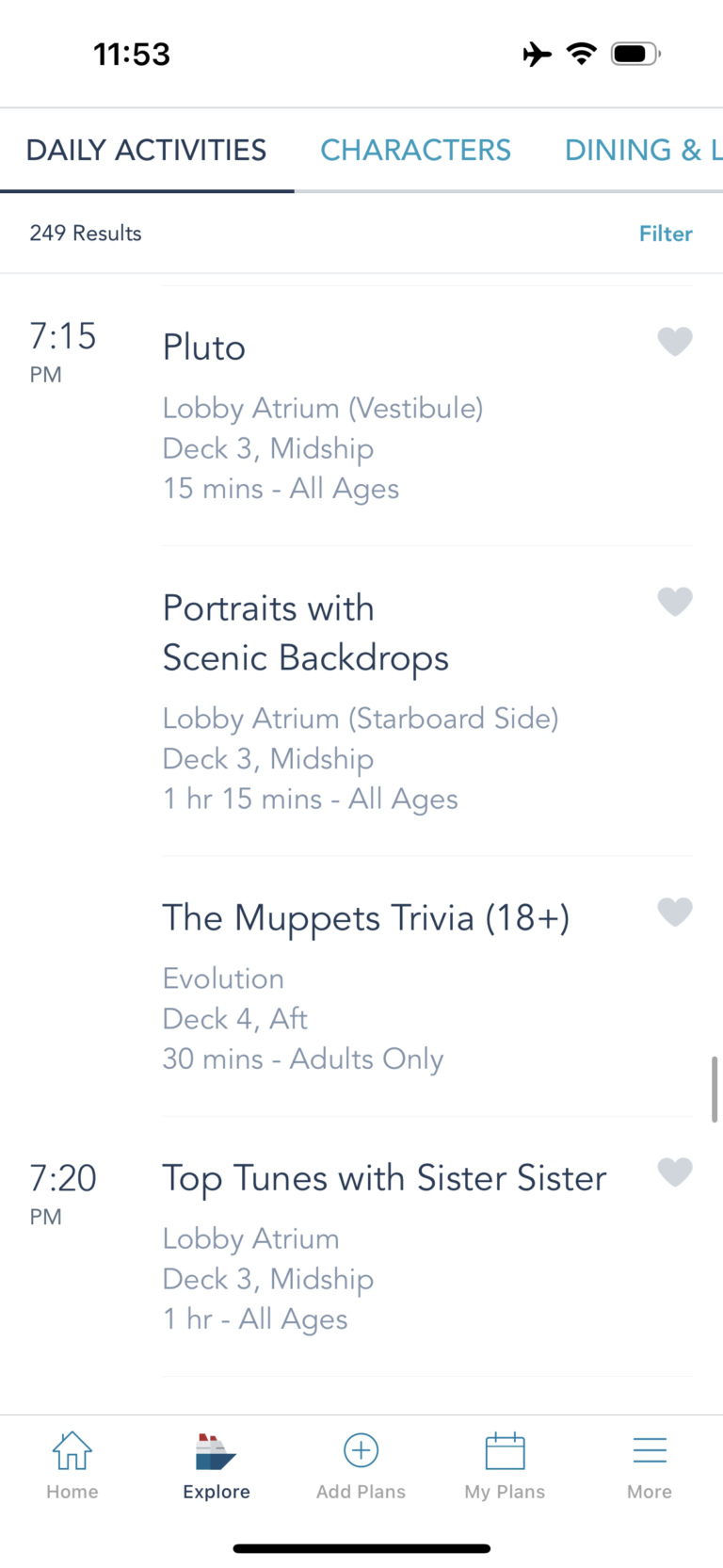 Examples of daily activities on Disney Cruise Line