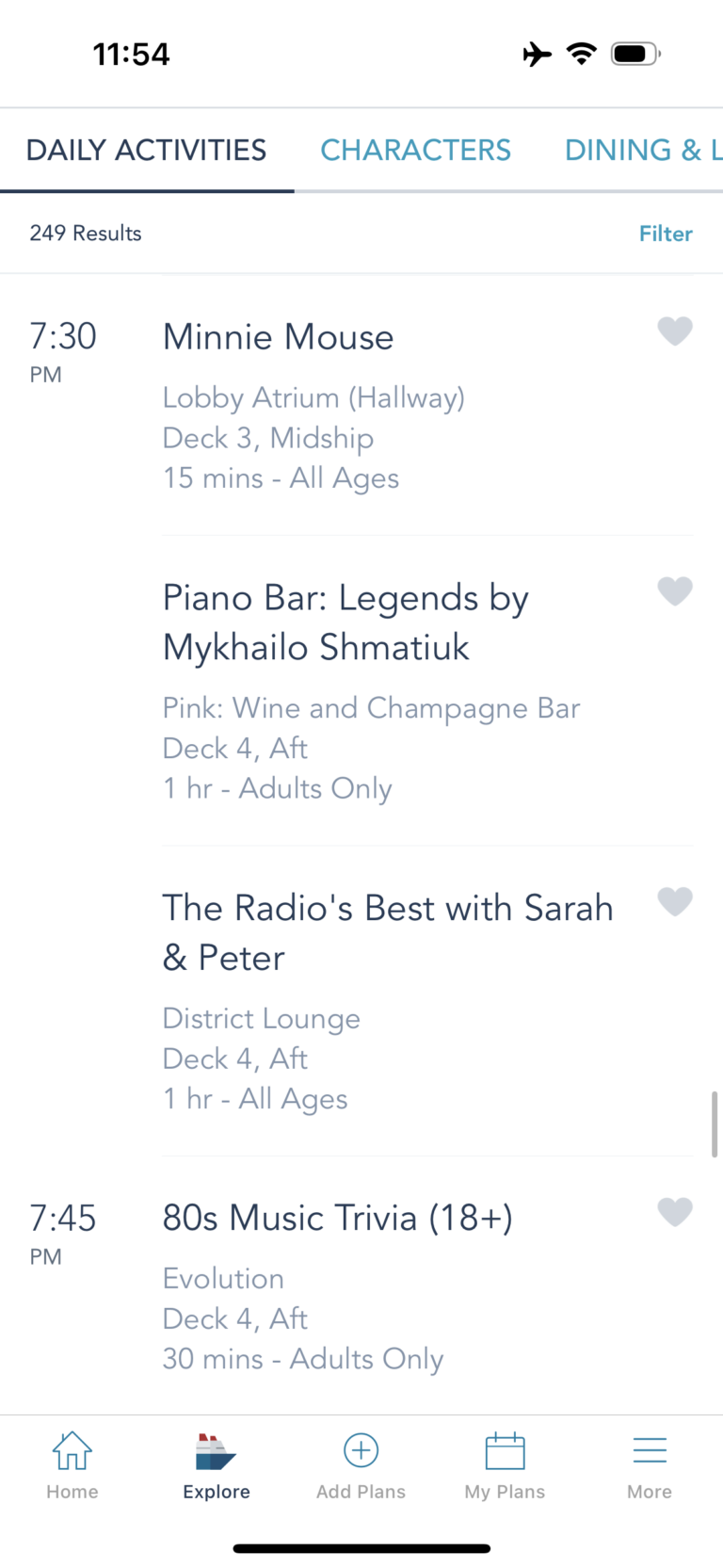 Examples of daily activities on Disney Cruise Line