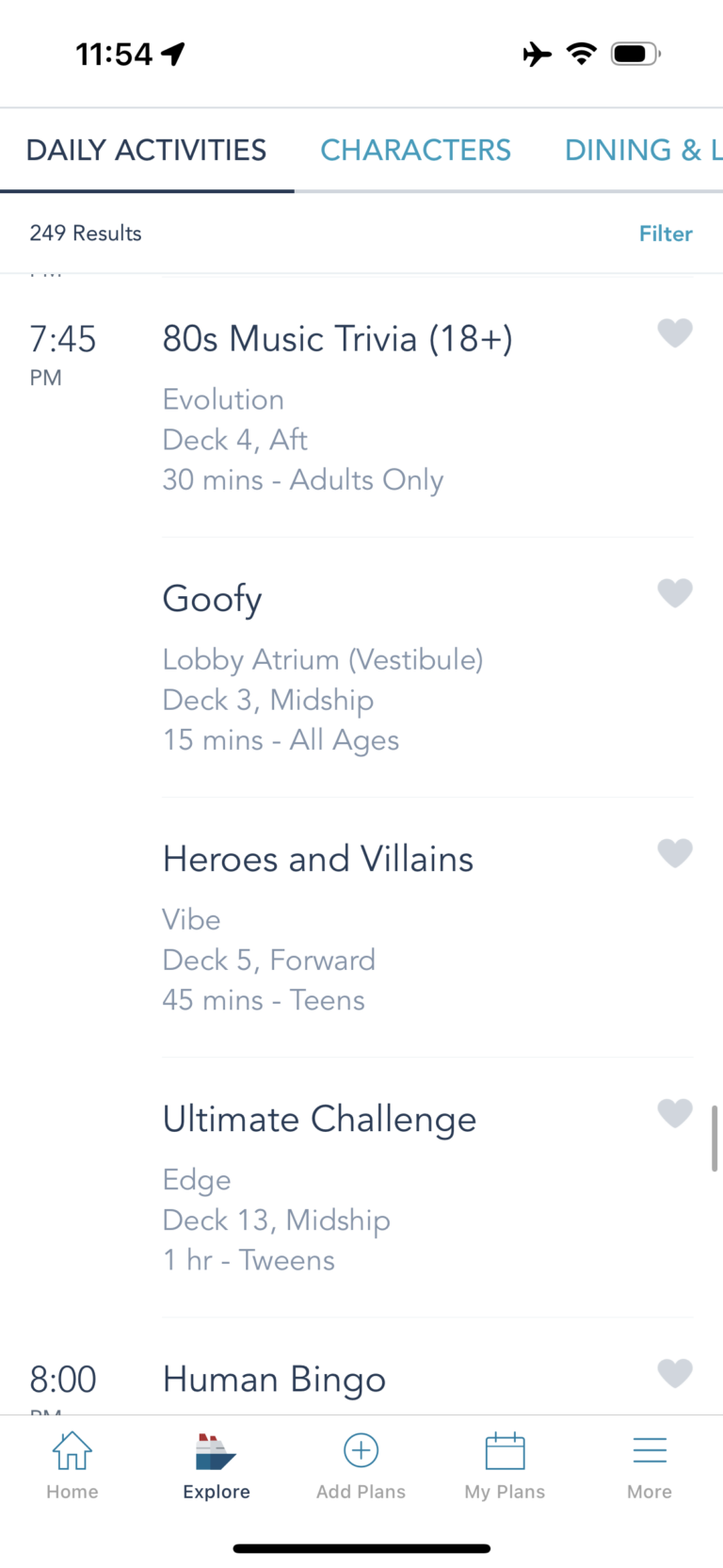 Examples of daily activities on Disney Cruise Line