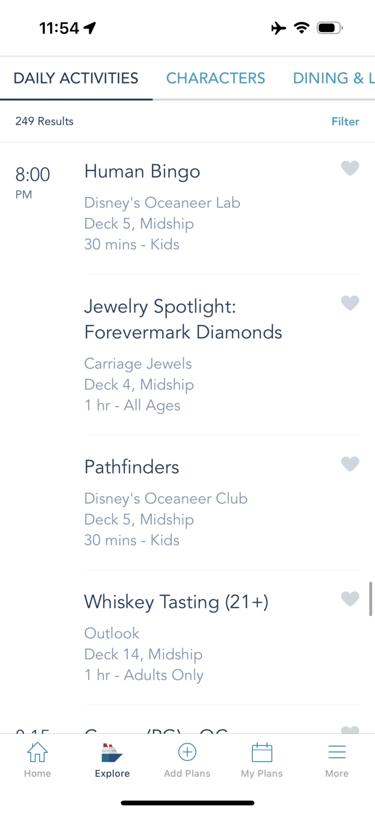 Examples of daily activities on Disney Cruise Line