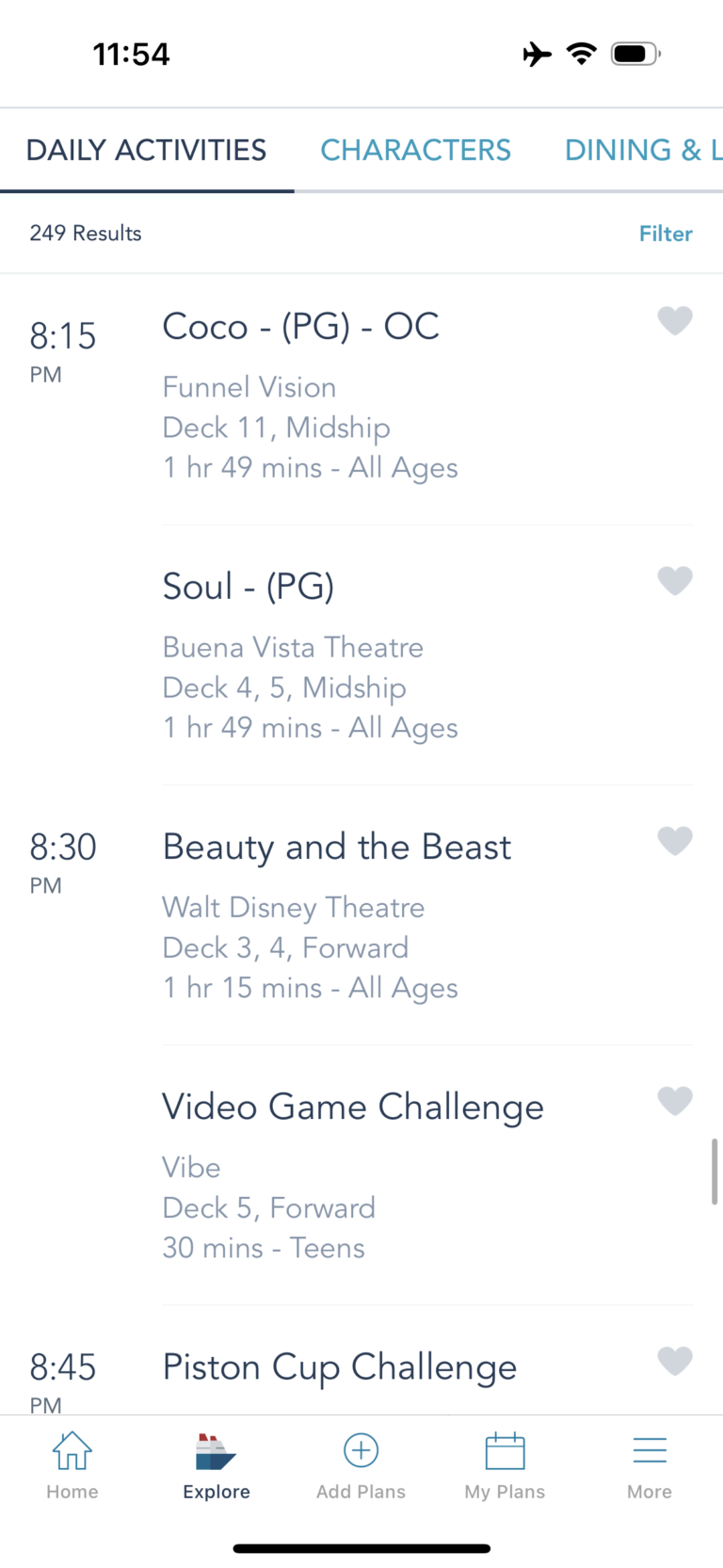 Examples of daily activities on Disney Cruise Line