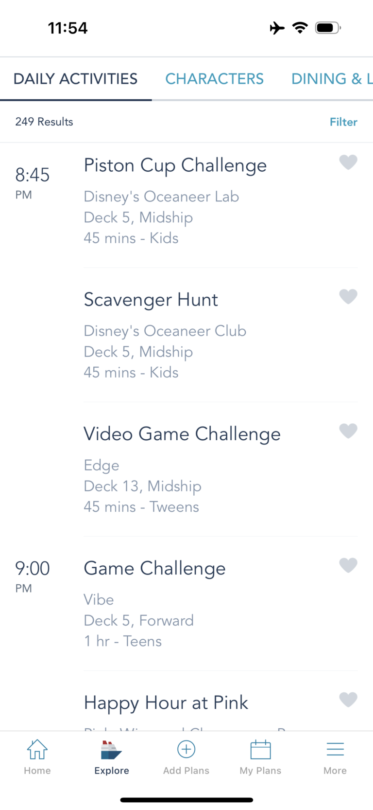 Examples of daily activities on Disney Cruise Line