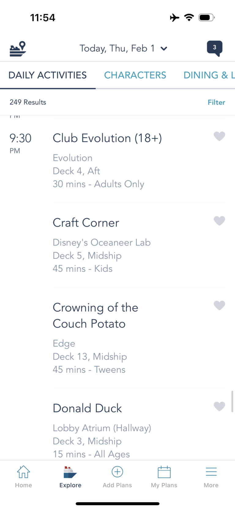 Examples of daily activities on Disney Cruise Line