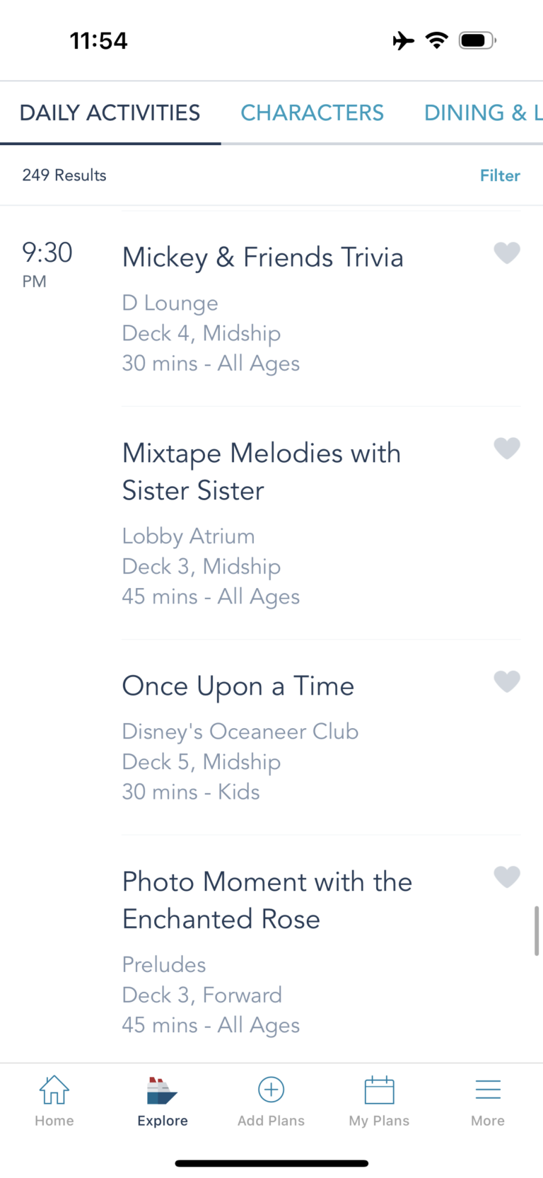 Examples of daily activities on Disney Cruise Line