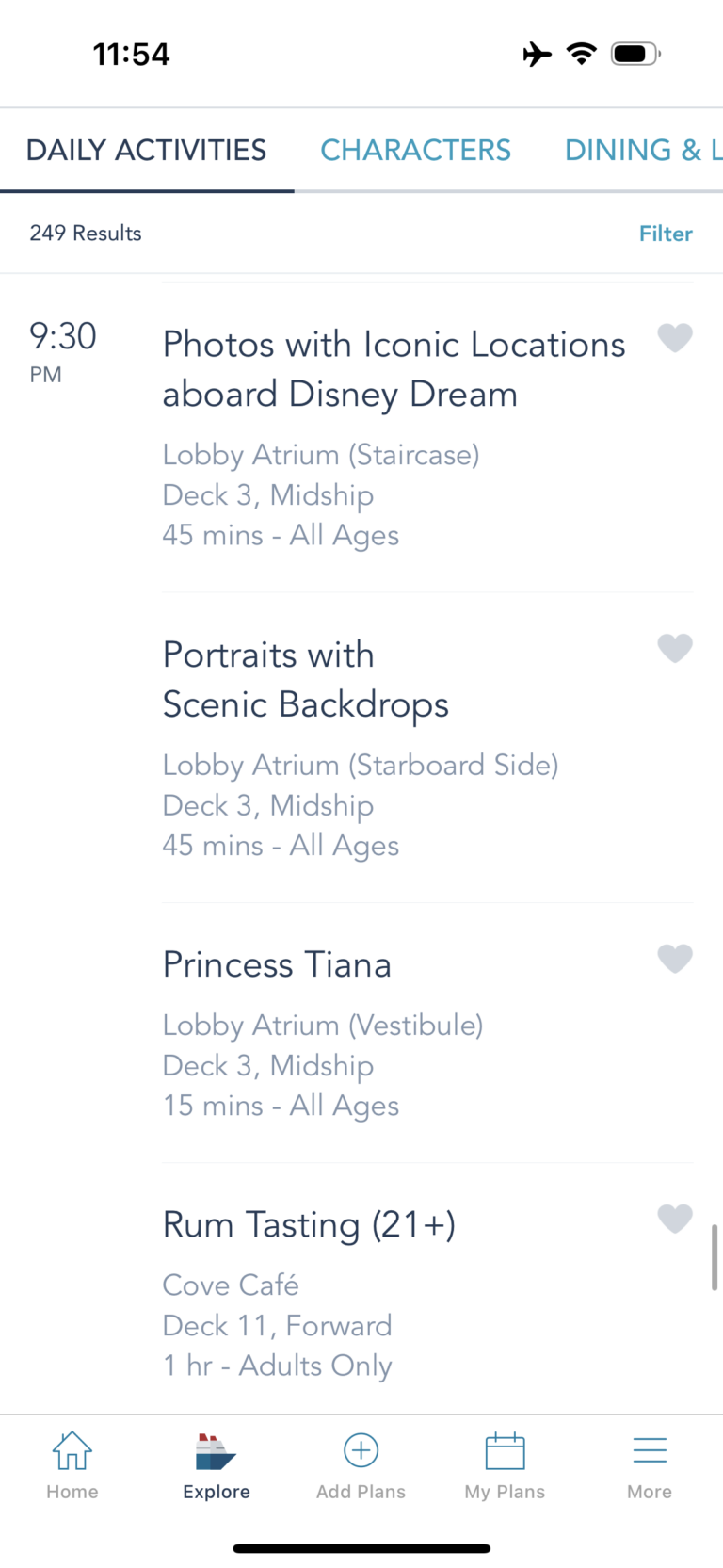 Examples of daily activities on Disney Cruise Line